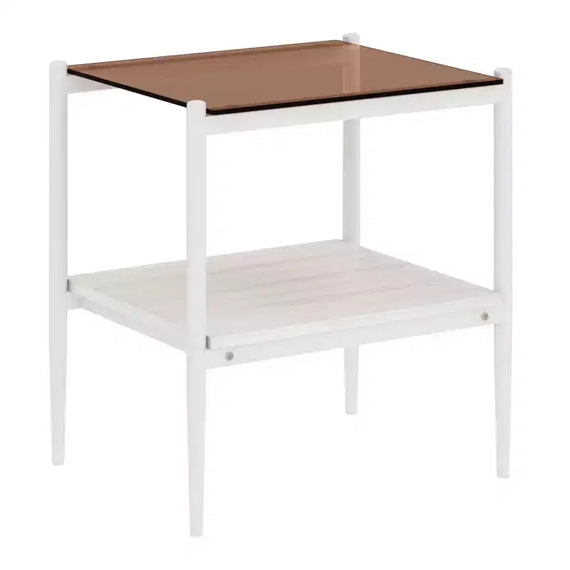 Tavolino rettangolare, vetro temperato e ripiano in MDF, 2 ripiani, 1 persona, marrone/grigio/bianco