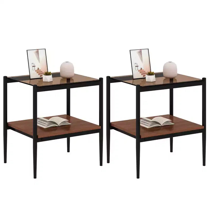 Tavolino rettangolare, vetro temperato e ripiano in MDF, 2 ripiani, 1 persona, marrone/grigio/bianco