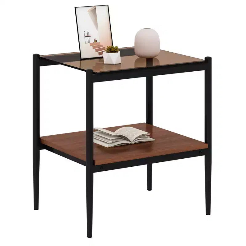 Tavolino rettangolare, vetro temperato e ripiano in MDF, 2 ripiani, 1 persona, marrone/grigio/bianco