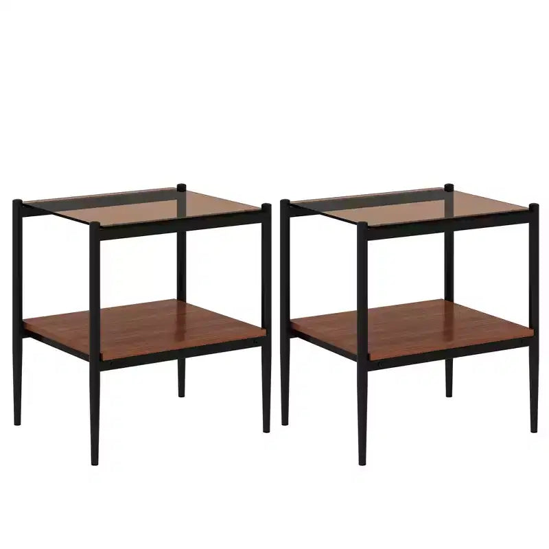 Tavolino rettangolare, vetro temperato e ripiano in MDF, 2 ripiani, 1 persona, marrone/grigio/bianco