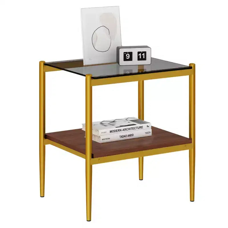 Tavolino rettangolare, vetro temperato e ripiano in MDF, 2 ripiani, 1 persona, marrone/grigio/bianco