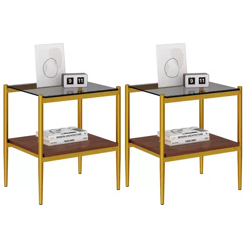 Tavolino rettangolare, vetro temperato e ripiano in MDF, 2 ripiani, 1 persona, marrone/grigio/bianco