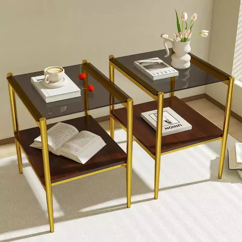 Tavolino rettangolare, vetro temperato e ripiano in MDF, 2 ripiani, 1 persona, marrone/grigio/bianco