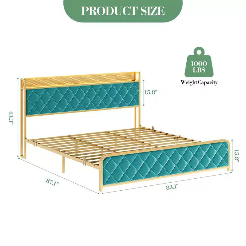 Letto matrimoniale king-size con piattaforma in velluto beige/verde scuro con luci LED e stazione di ricarica, 2 persone