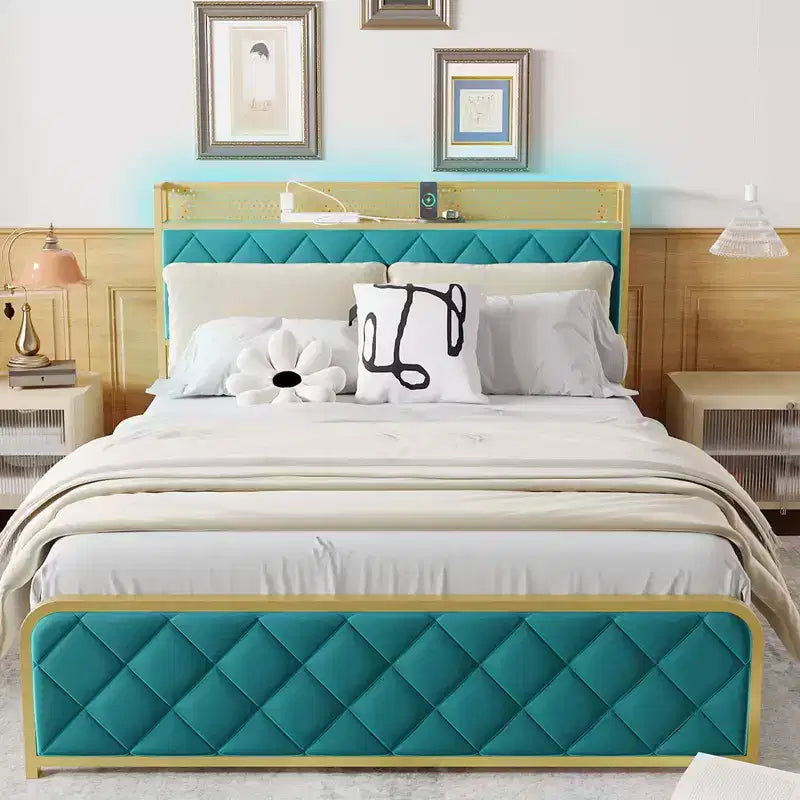 Letto matrimoniale king-size con piattaforma in velluto beige/verde scuro con luci LED e stazione di ricarica, 2 persone