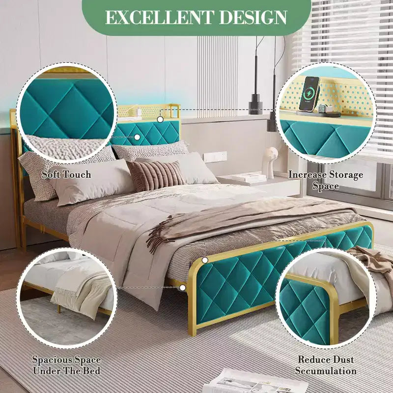 Letto matrimoniale king-size con piattaforma in velluto beige/verde scuro con luci LED e stazione di ricarica, 2 persone