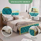 Letto matrimoniale king-size con piattaforma in velluto beige/verde scuro con luci LED e stazione di ricarica, 2 persone