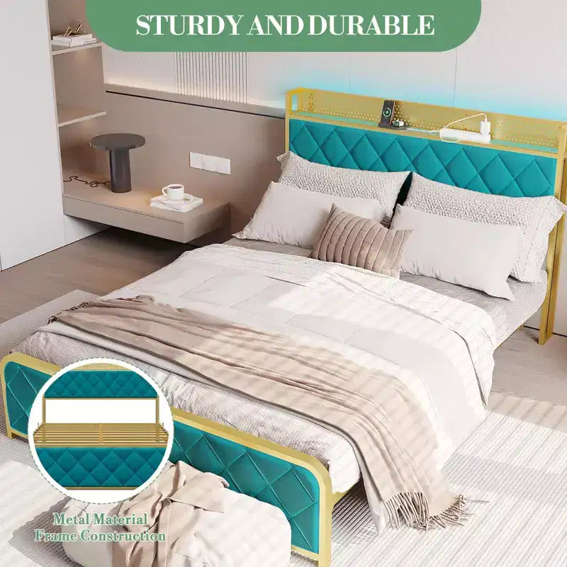 Letto matrimoniale king-size con piattaforma in velluto beige/verde scuro con luci LED e stazione di ricarica, 2 persone