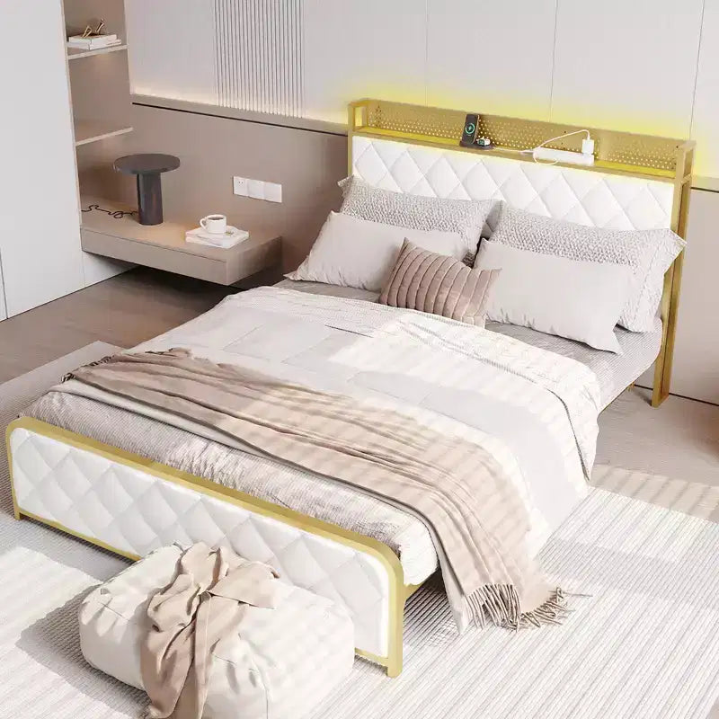 Letto matrimoniale king-size con piattaforma in velluto beige/verde scuro con luci LED e stazione di ricarica, 2 persone