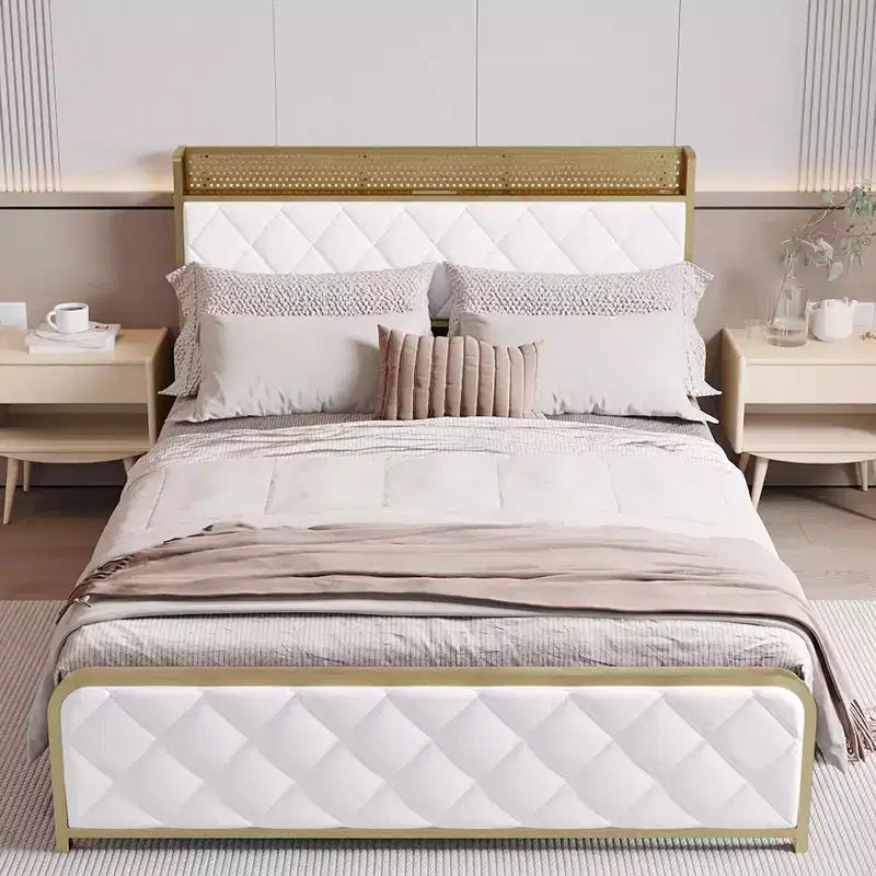 Letto matrimoniale king-size con piattaforma in velluto beige/verde scuro con luci LED e stazione di ricarica, 2 persone