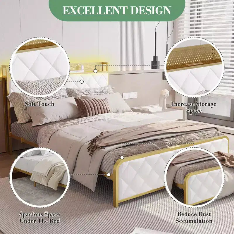 Letto matrimoniale king-size con piattaforma in velluto beige/verde scuro con luci LED e stazione di ricarica, 2 persone