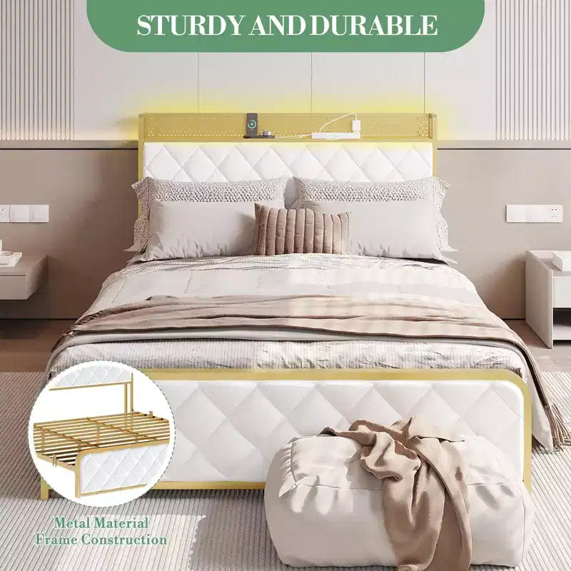 Letto matrimoniale king-size con piattaforma in velluto beige/verde scuro con luci LED e stazione di ricarica, 2 persone