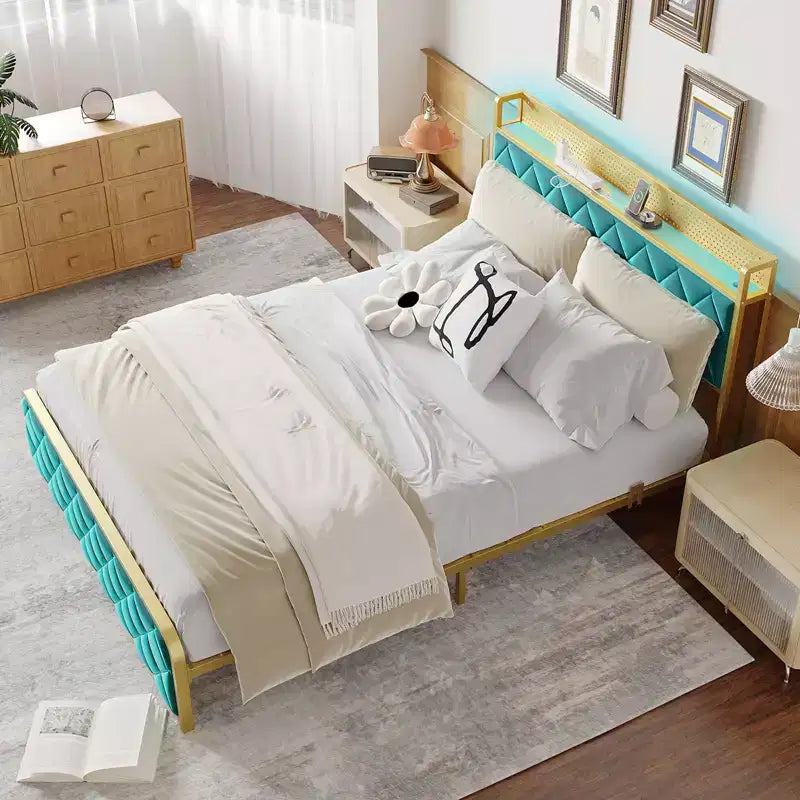 Letto matrimoniale king-size con piattaforma in velluto beige/verde scuro con luci LED e stazione di ricarica, 2 persone