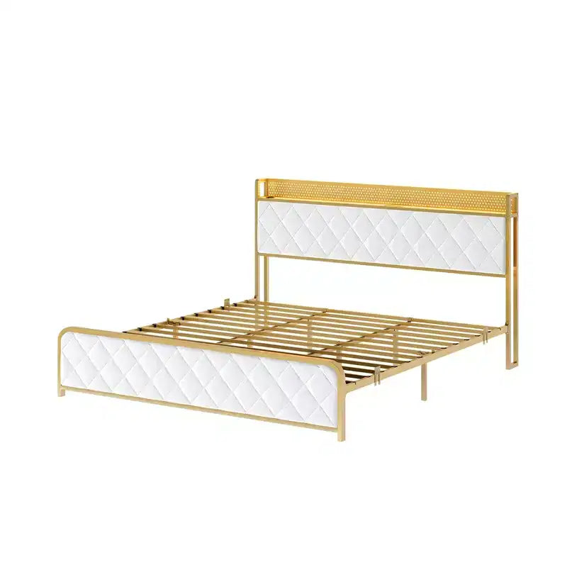 TROPOW King Size Platform Bed Frame with Charging Station and LED Lights, King Bed Frame with Velvet Storage Headboard