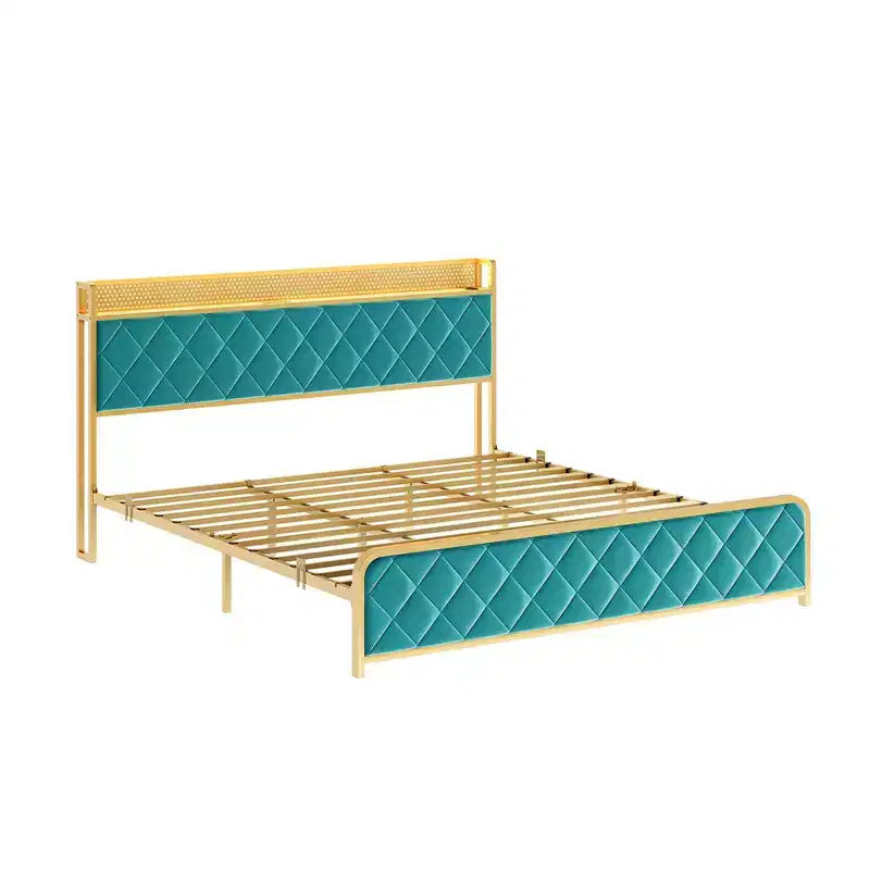 Letto matrimoniale king-size con piattaforma in velluto beige/verde scuro con luci LED e stazione di ricarica, 2 persone
