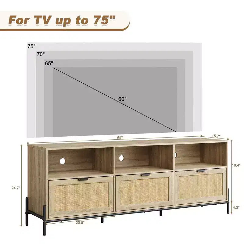 Mobile Porta TV in Rattan Naturale, Stile Moderno di Metà Secolo, Adatto per TV fino a 75", 3 Cassetti e Ripiano Aperto