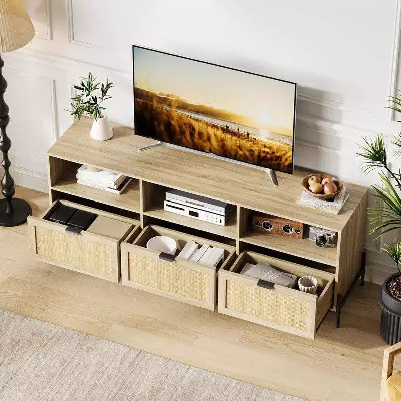 Mobile Porta TV in Rattan Naturale, Stile Moderno di Metà Secolo, Adatto per TV fino a 75", 3 Cassetti e Ripiano Aperto