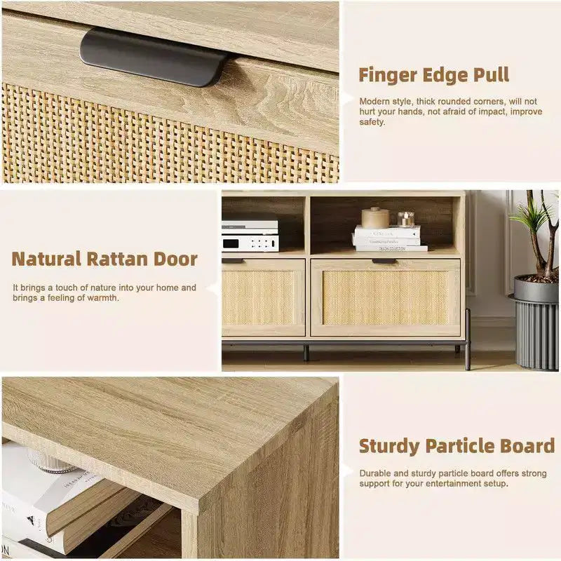Mobile Porta TV in Rattan Naturale, Stile Moderno di Metà Secolo, Adatto per TV fino a 75", 3 Cassetti e Ripiano Aperto