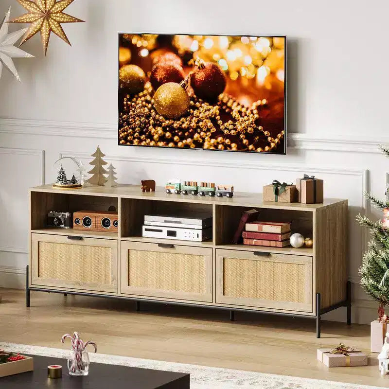 Mobile Porta TV in Rattan Naturale, Stile Moderno di Metà Secolo, Adatto per TV fino a 75", 3 Cassetti e Ripiano Aperto