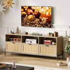 Mobile Porta TV in Rattan Naturale, Stile Moderno di Metà Secolo, Adatto per TV fino a 75", 3 Cassetti e Ripiano Aperto