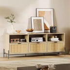 Mobile Porta TV in Rattan Naturale, Stile Moderno di Metà Secolo, Adatto per TV fino a 75", 3 Cassetti e Ripiano Aperto