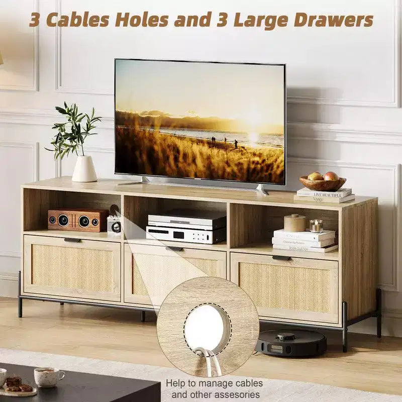 Mobile Porta TV in Rattan Naturale, Stile Moderno di Metà Secolo, Adatto per TV fino a 75", 3 Cassetti e Ripiano Aperto