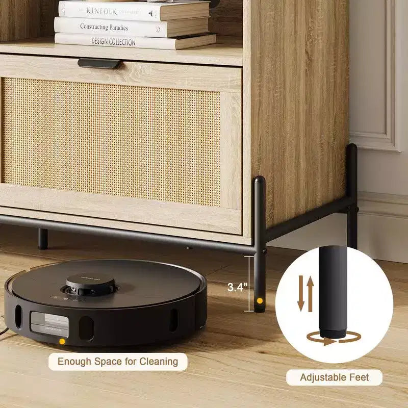 Mobile Porta TV in Rattan Naturale, Stile Moderno di Metà Secolo, Adatto per TV fino a 75", 3 Cassetti e Ripiano Aperto