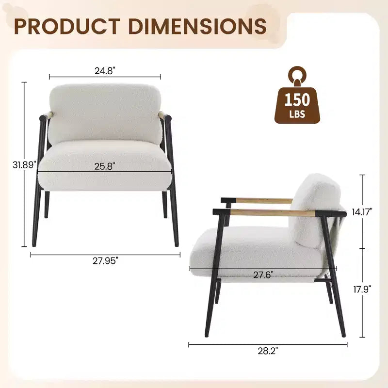 Poltrona d'accento beige, design moderno di metà secolo, 1 posto, struttura in metallo e bracciolo in legno