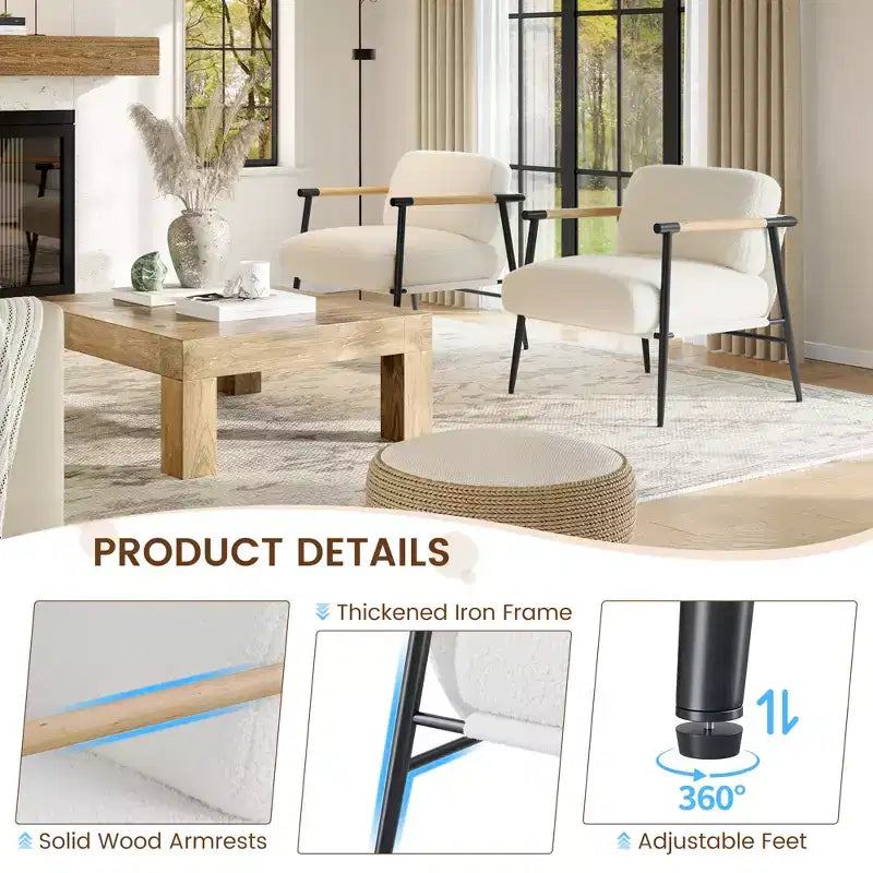Poltrona d'accento beige, design moderno di metà secolo, 1 posto, struttura in metallo e bracciolo in legno
