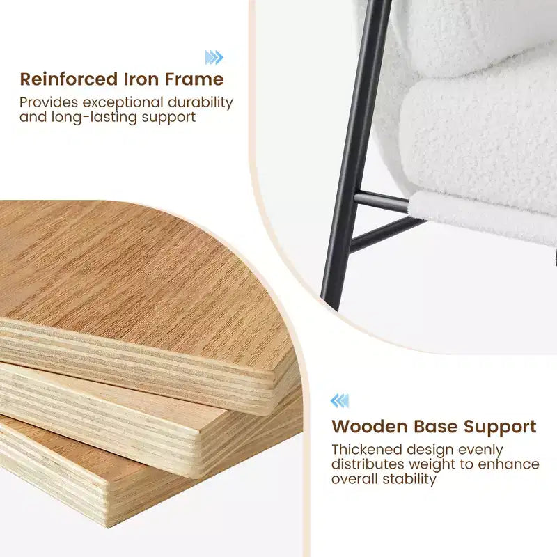 Poltrona d'accento beige, design moderno di metà secolo, 1 posto, struttura in metallo e bracciolo in legno