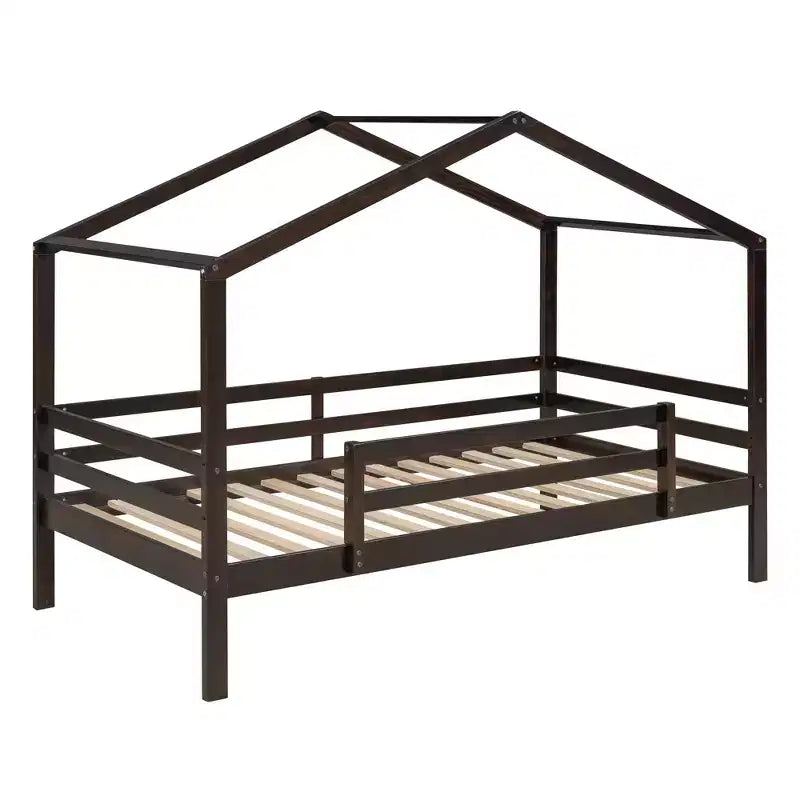 Letto a castello stile casa, con scivolo e scaletta, da una piazza e mezza, color espresso/grigio/bianco, per 2 bambini