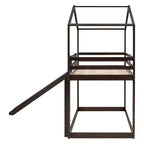 Letto a castello stile casa, con scivolo e scaletta, da una piazza e mezza, color espresso/grigio/bianco, per 2 bambini