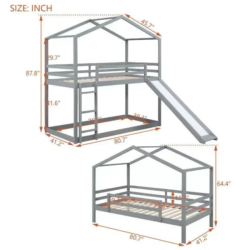 Letto a castello stile casa, con scivolo e scaletta, da una piazza e mezza, color espresso/grigio/bianco, per 2 bambini