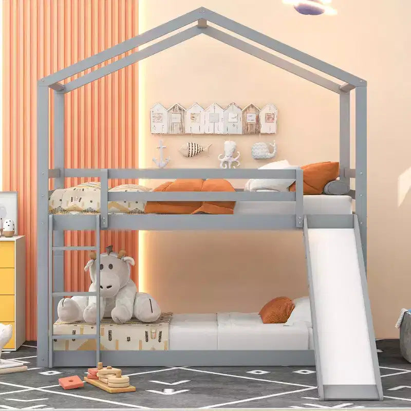 Letto a castello stile casa, con scivolo e scaletta, da una piazza e mezza, color espresso/grigio/bianco, per 2 bambini