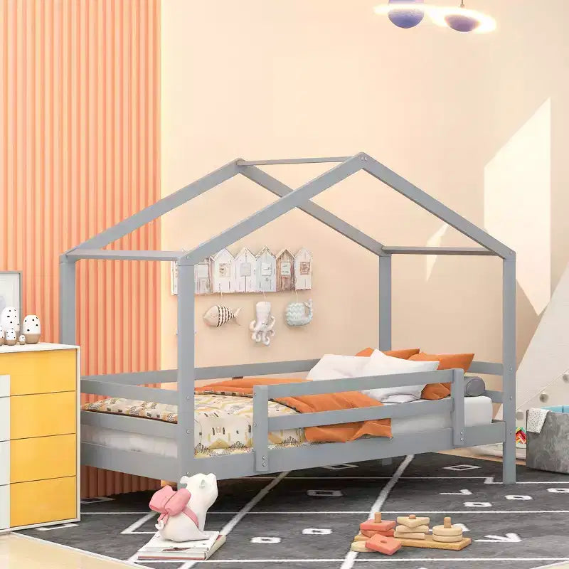 Letto a castello stile casa, con scivolo e scaletta, da una piazza e mezza, color espresso/grigio/bianco, per 2 bambini