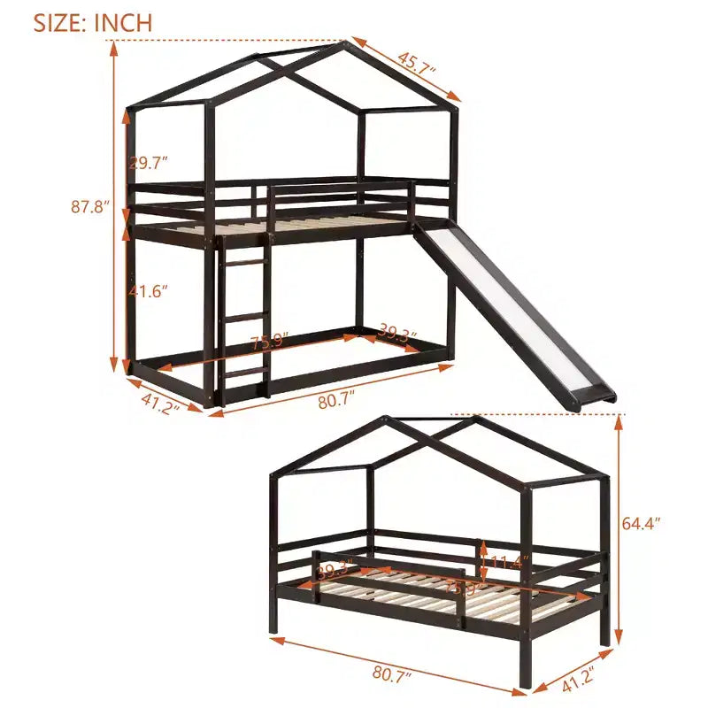 Letto a castello stile casa, con scivolo e scaletta, da una piazza e mezza, color espresso/grigio/bianco, per 2 bambini