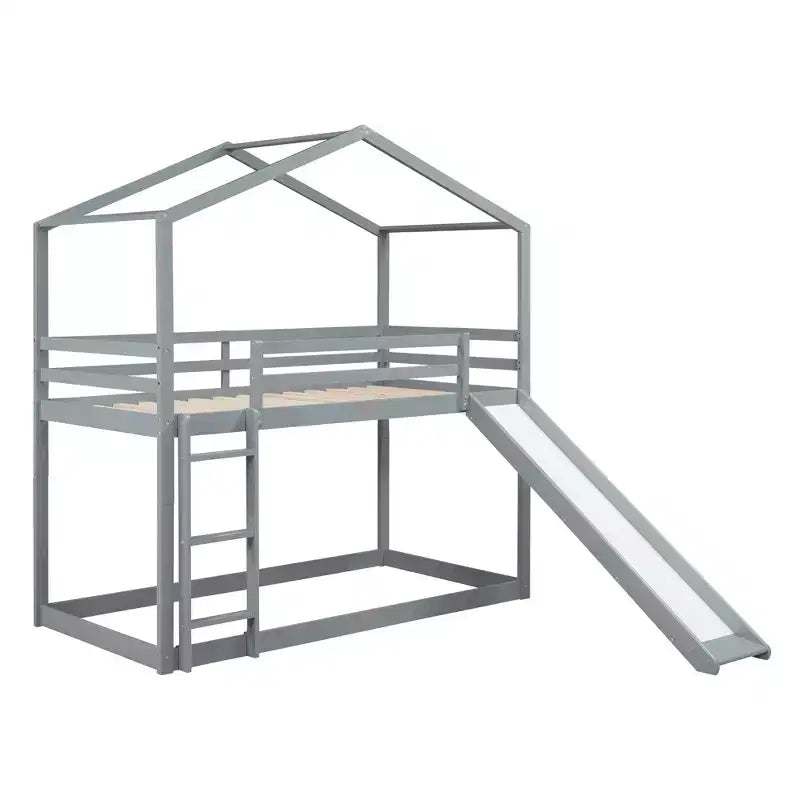 Letto a castello stile casa, con scivolo e scaletta, da una piazza e mezza, color espresso/grigio/bianco, per 2 bambini