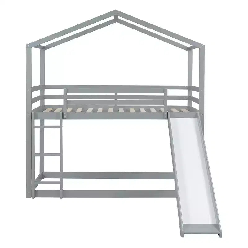 Letto a castello stile casa, con scivolo e scaletta, da una piazza e mezza, color espresso/grigio/bianco, per 2 bambini