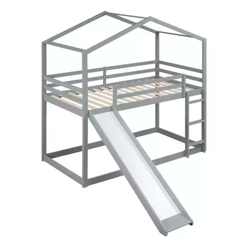 Letto a castello stile casa, con scivolo e scaletta, da una piazza e mezza, color espresso/grigio/bianco, per 2 bambini