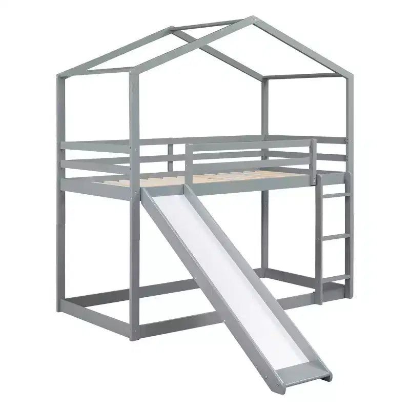 Letto a castello stile casa, con scivolo e scaletta, da una piazza e mezza, color espresso/grigio/bianco, per 2 bambini