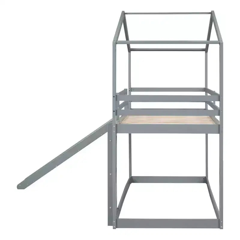 Letto a castello stile casa, con scivolo e scaletta, da una piazza e mezza, color espresso/grigio/bianco, per 2 bambini