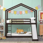 Letto a castello stile casa, con scivolo e scaletta, da una piazza e mezza, color espresso/grigio/bianco, per 2 bambini