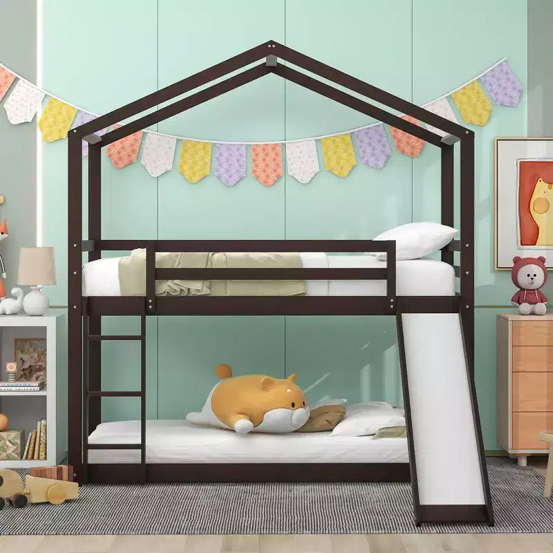 Letto a castello stile casa, con scivolo e scaletta, da una piazza e mezza, color espresso/grigio/bianco, per 2 bambini