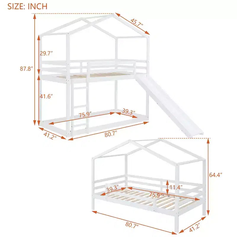 Letto a castello stile casa, con scivolo e scaletta, da una piazza e mezza, color espresso/grigio/bianco, per 2 bambini