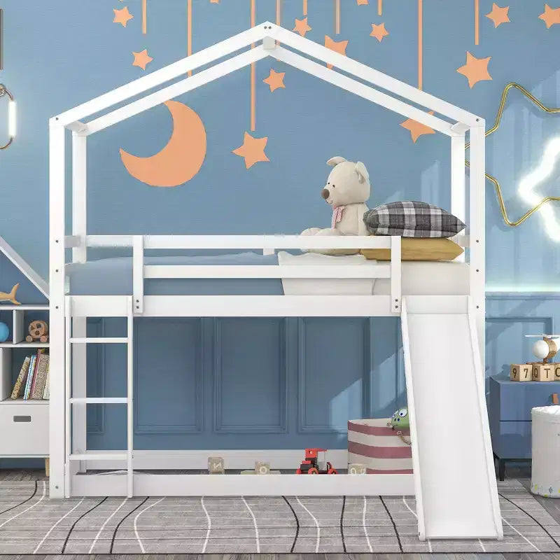 Letto a castello stile casa, con scivolo e scaletta, da una piazza e mezza, color espresso/grigio/bianco, per 2 bambini