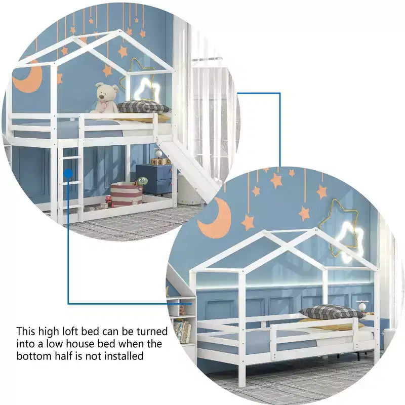 Letto a castello stile casa, con scivolo e scaletta, da una piazza e mezza, color espresso/grigio/bianco, per 2 bambini
