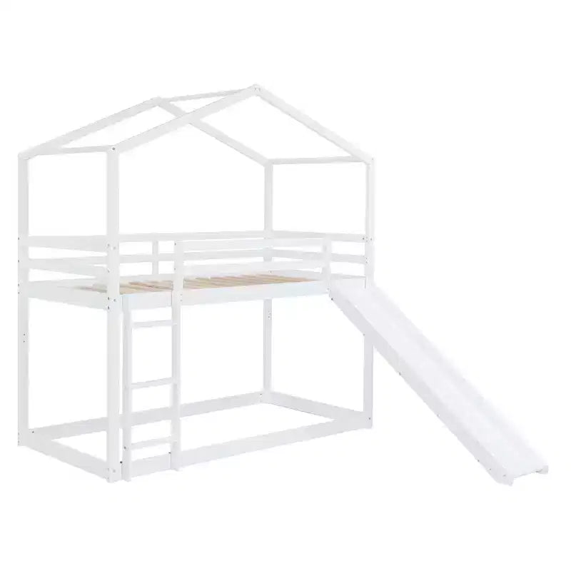 Letto a castello stile casa, con scivolo e scaletta, da una piazza e mezza, color espresso/grigio/bianco, per 2 bambini
