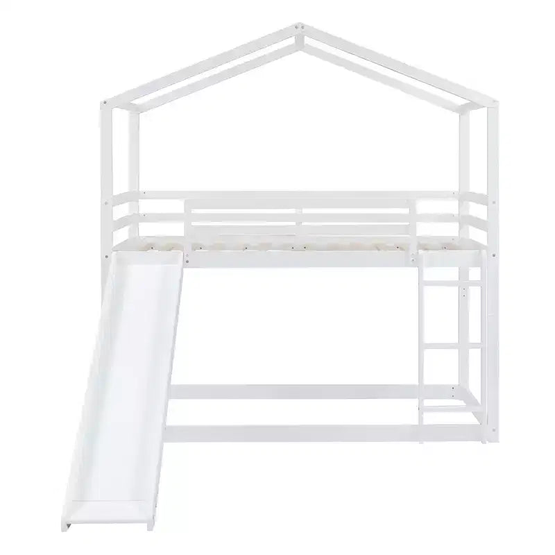 Letto a castello stile casa, con scivolo e scaletta, da una piazza e mezza, color espresso/grigio/bianco, per 2 bambini