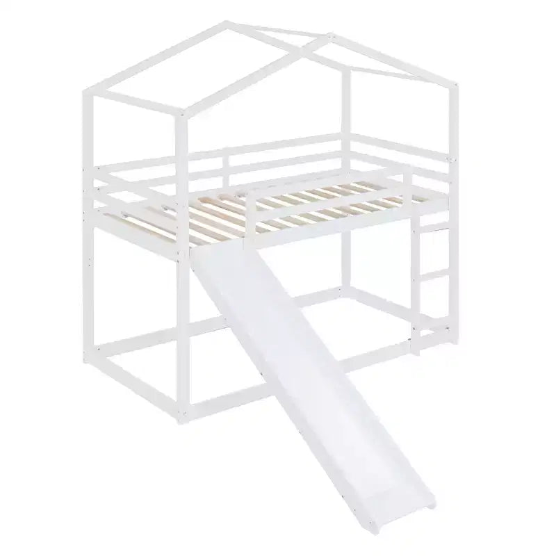 Letto a castello stile casa, con scivolo e scaletta, da una piazza e mezza, color espresso/grigio/bianco, per 2 bambini