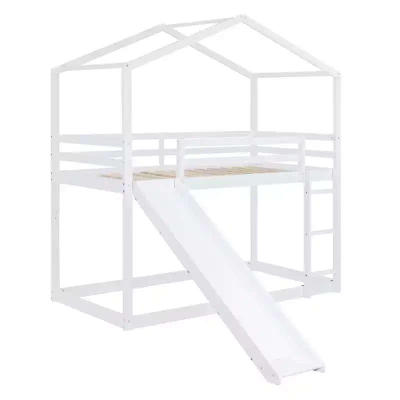 Letto a castello stile casa, con scivolo e scaletta, da una piazza e mezza, color espresso/grigio/bianco, per 2 bambini